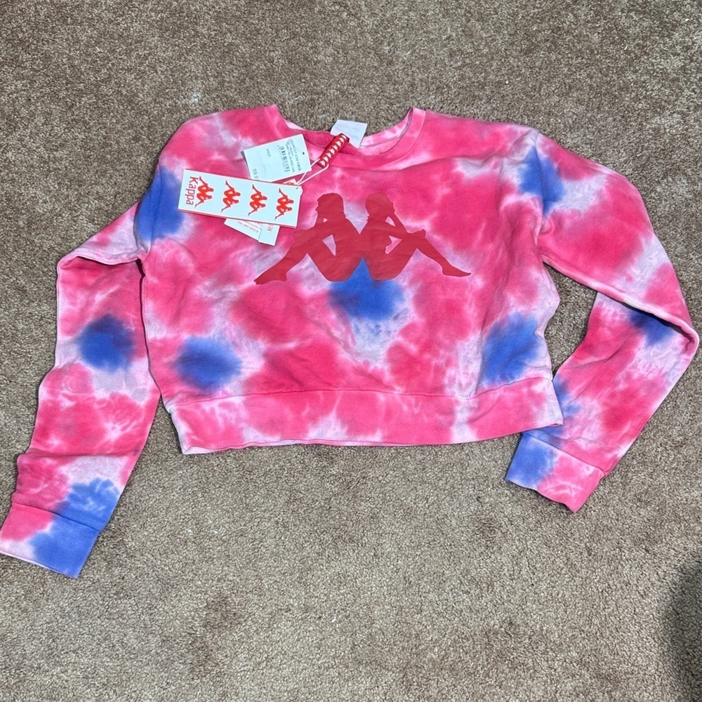 NWT Kappa Pink and Blue Tie-Dye Crop Sweatshirt with Logo Silhouette